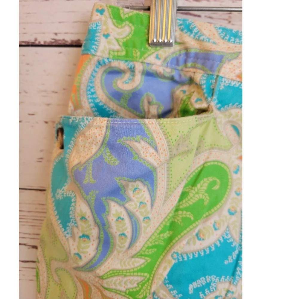 Vtg Talbots Capri Pants Paisley Print Stretch Cropped Trousers Green Blue 12 P
